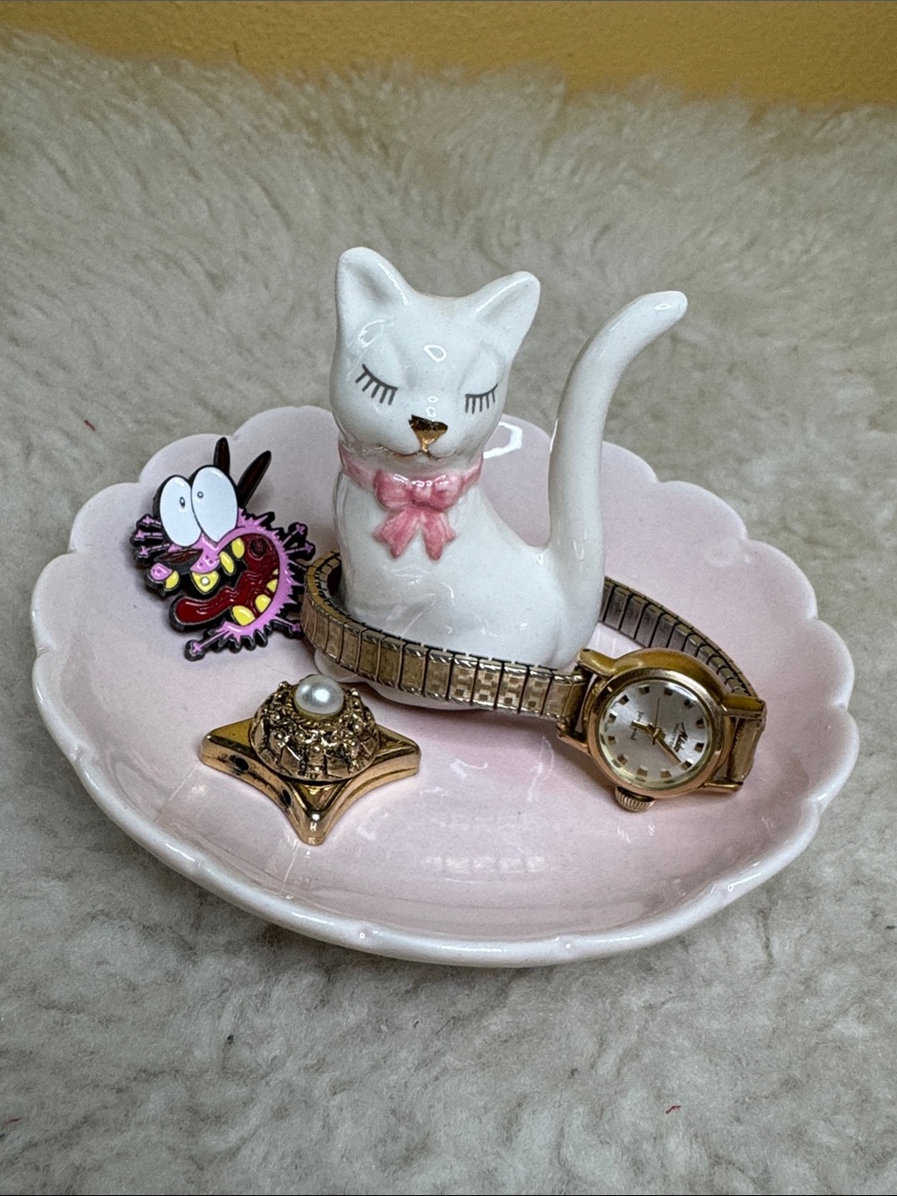 Ceramic Vintage Style White Cat Ring Dish Trinket Tray